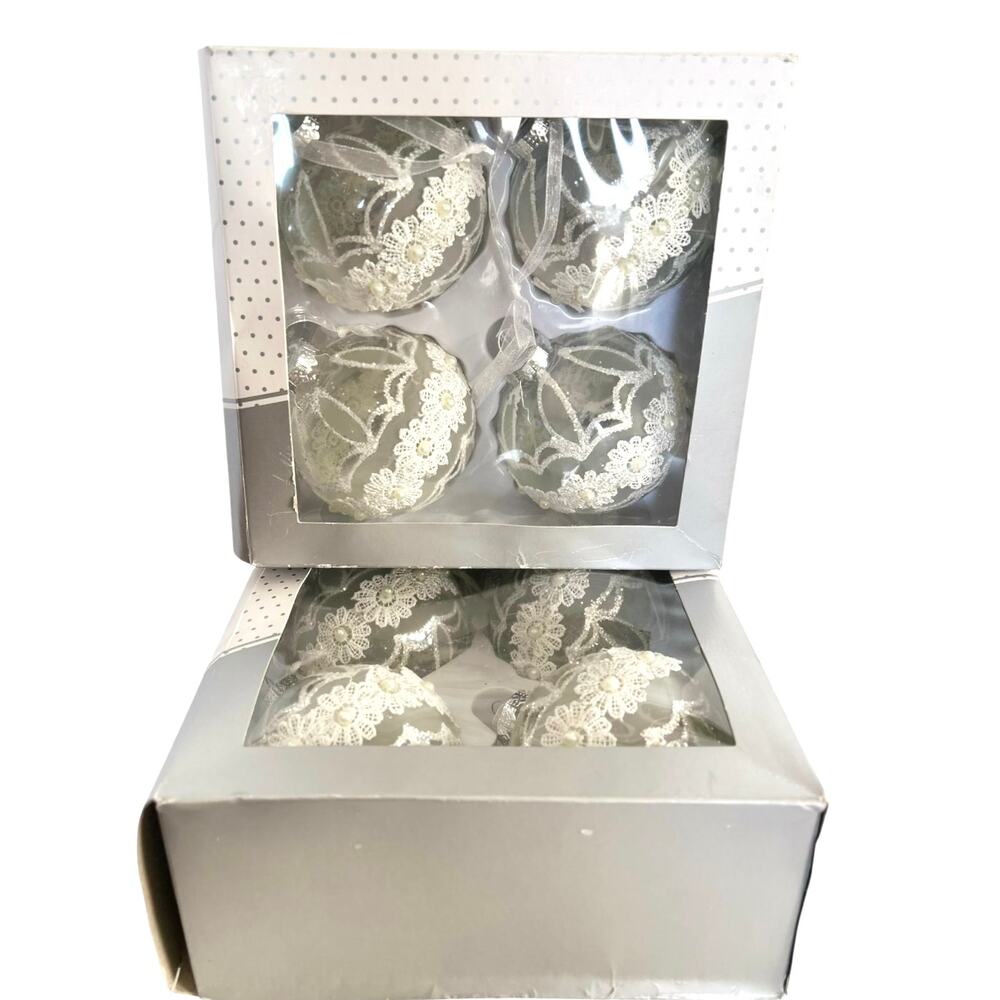 Glitz & Glimmer 4" Lace and Glitter Glass Christmas Ornaments Set of 8